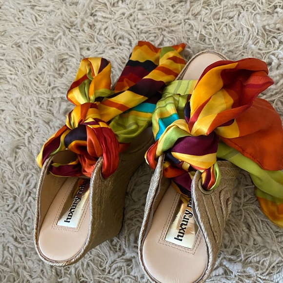 Luxury Rebel Regina Multicolor Printed Silk and Jute Scarf Ankle Wrap Wedge - Picture 9 of 11